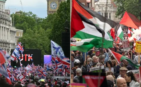 Thousands join rival ‘Unite the Kingdom’ and pro-Palestine protests in London