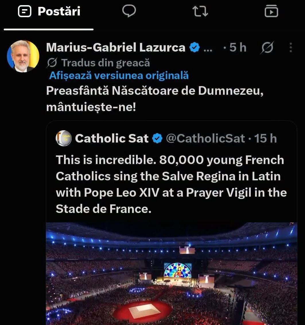 Mesaj religios al consilierului prezidențial pe securitate națională, cu ocazia vizitei Papei Leon în Franța / Marius Lazurca, în greacă, pe X: ”Preasfântă Născătoare de Dumnezeu, mântuiește-ne!”