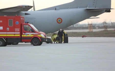 Pacient cu arsuri, transportat în Belgia cu o aeronavă C-27J Spartan a Forțelor Aeriene Române